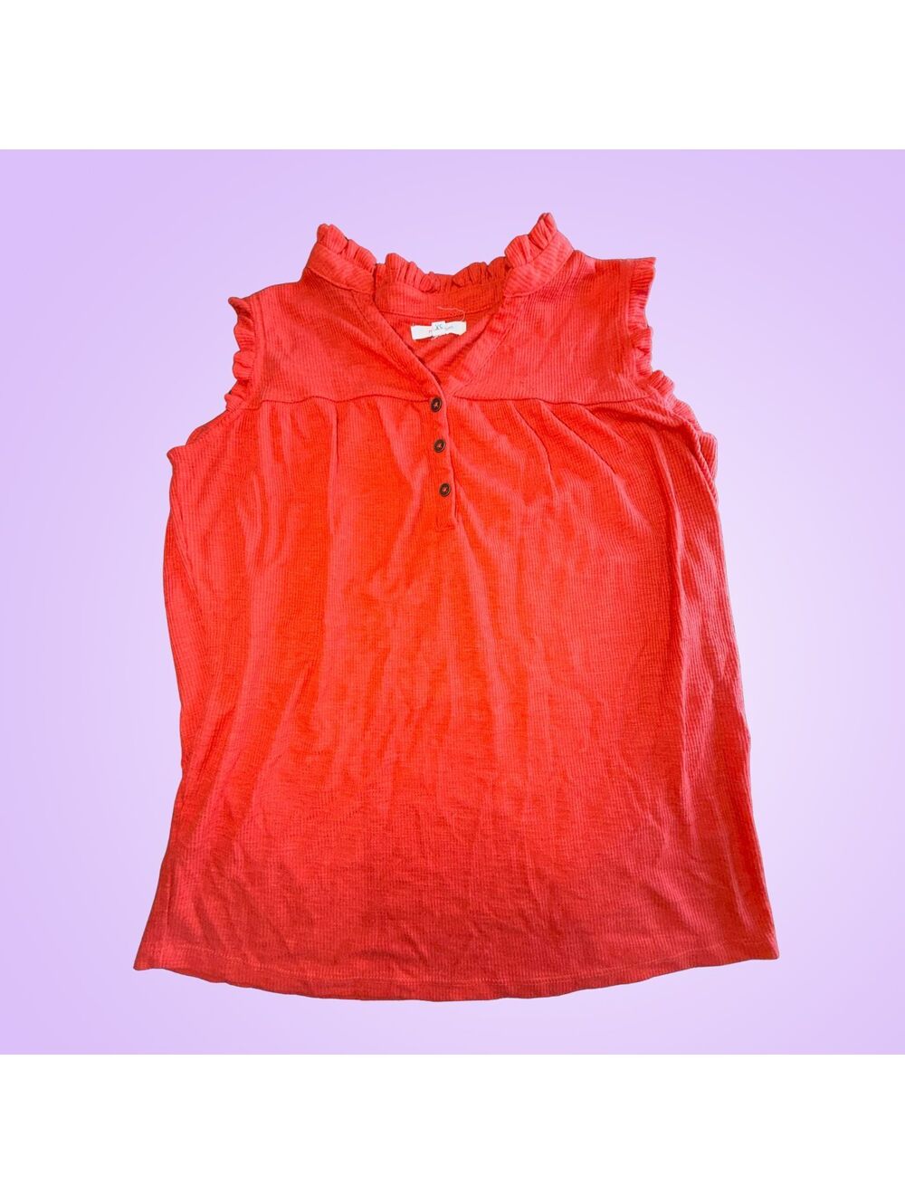 Women’s XS Orange Ribbed Sleeveless Henley Top Ruffle Neck Button Front Blouse